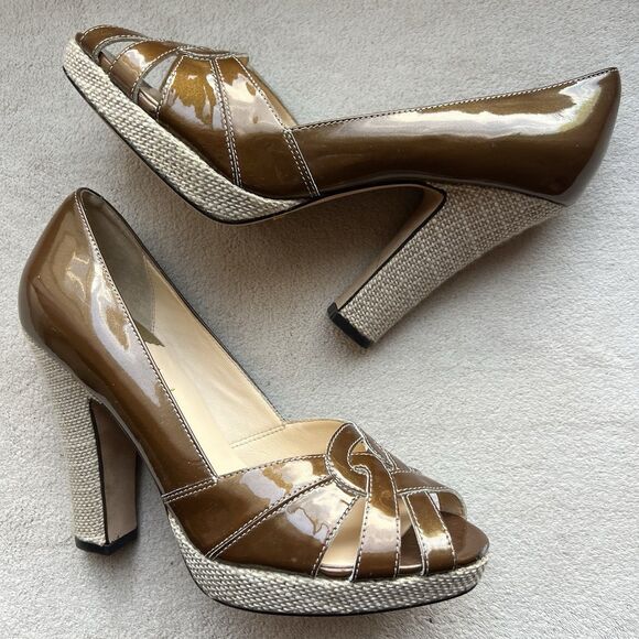Cole Haan Charlize Air Brown Patent Leather w/ Burlap Fabric Heel Women 8 B - Picture 1 of 16